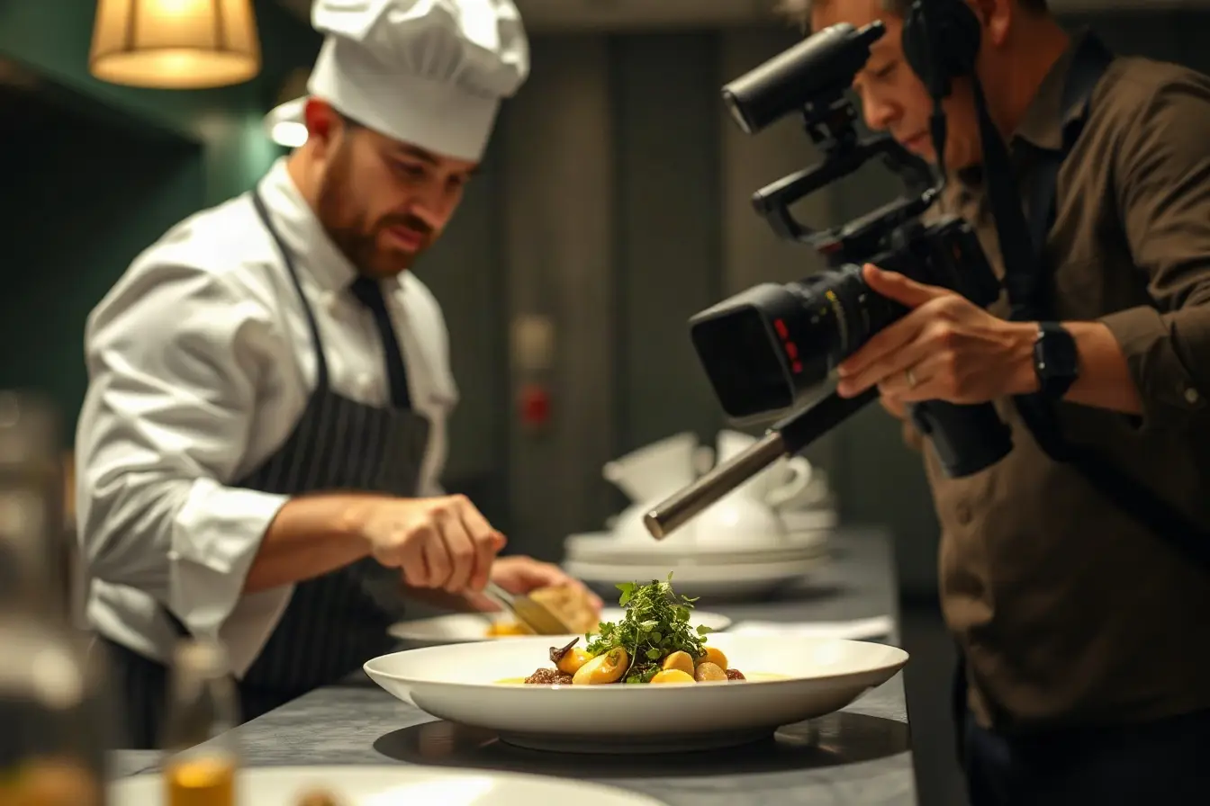 Chef plating a dish while a videographer films a close-up